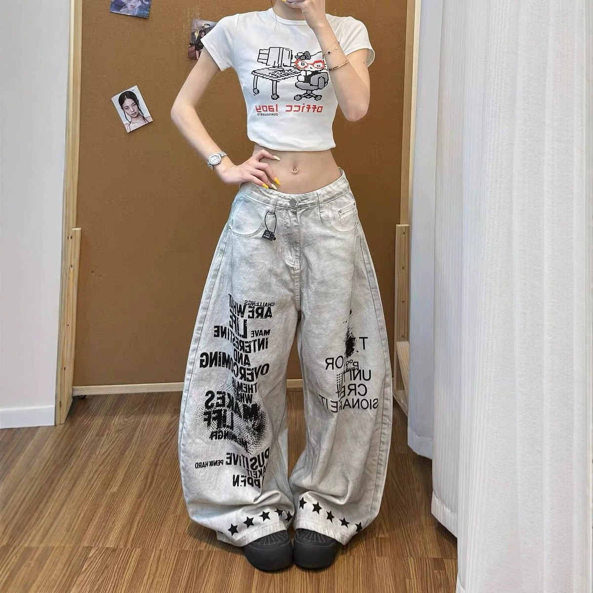 美式复古星星印花弯刀牛仔裤裤子女款轻亚设计感宽松显瘦阔腿裤潮