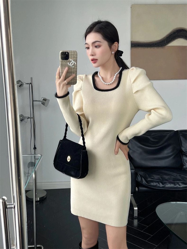 感法式小香风包臀裙女秋冬新款内搭甜辣美气质外穿长袖连衣裙|undefined