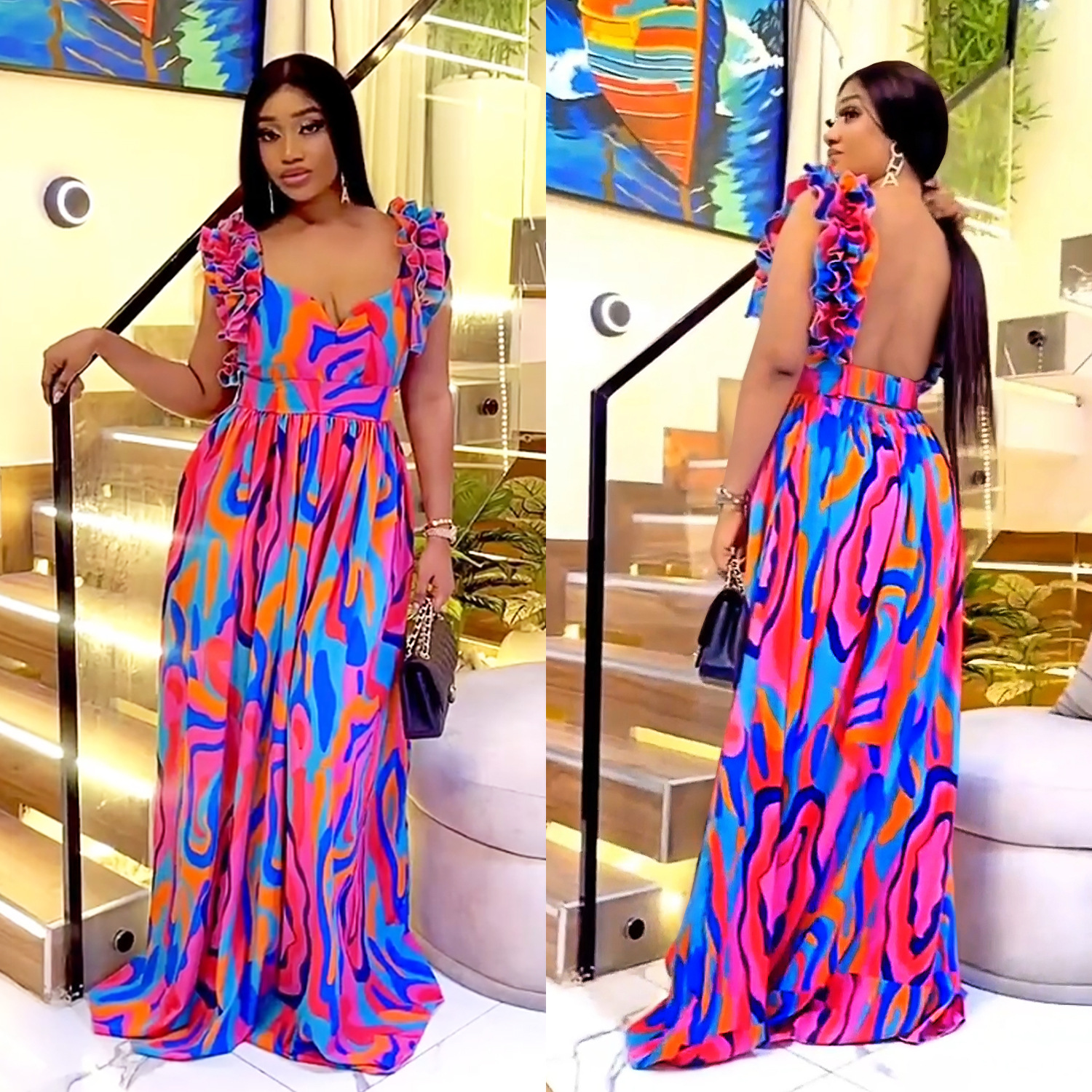 C7512 Aliexpress transfronterizo Amazon Europa y América de moda de mujer elegante vestido de impresión de correa de hombro de hoja de loto nuevo