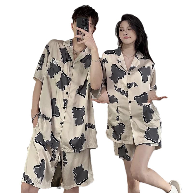 2023 nueva pareja pijamas de las mujeres de verano de seda de hielo manga corta de dibujos animados usable estudiante de seda traje homewear de los hombres