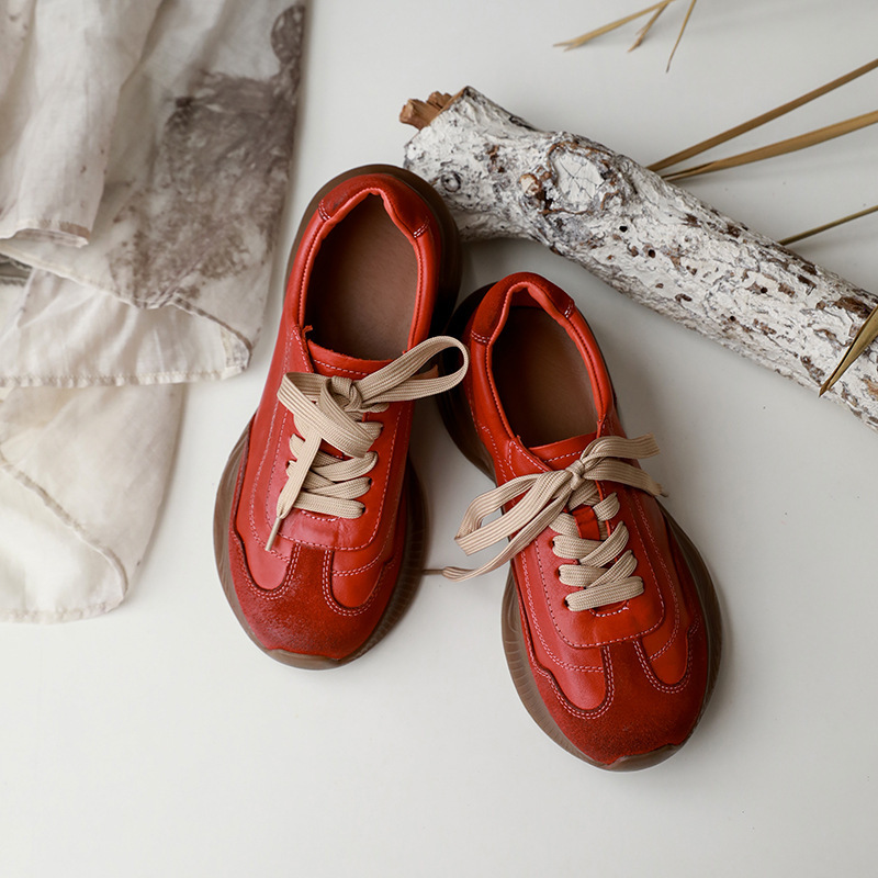 Leatherworker Cowhide Flats Agan Training Shoes Women's Shoes 2025 New Sports Leather Shoes Color Matching Comfortable Soft Soles