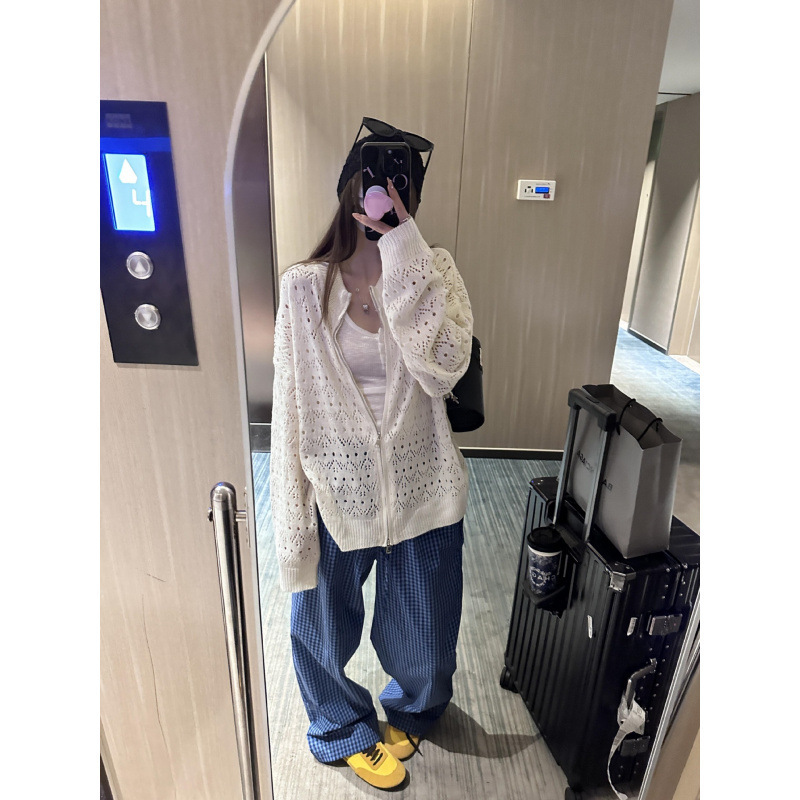 YS早秋设计感镂空钩花双拉链罩衫外套宽松显瘦白色针织开衫上衣女|undefined