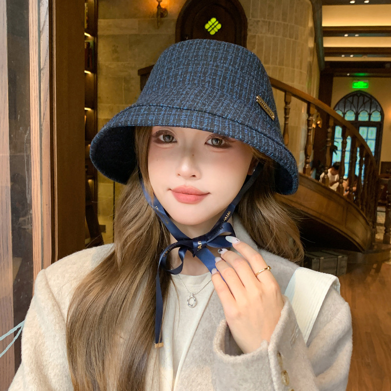 韩版时尚优雅秋冬法式感帽子小香风简约格纹渔夫帽卷边水桶帽|undefined