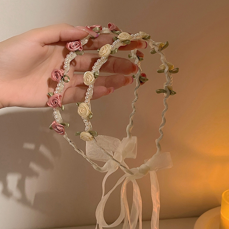 山茶花髮帶女綁發飄帶發箍夏天絲巾髮飾網紅一體系帶編髮絲帶頭飾