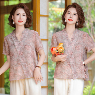 50-Year-Old Mother's Spring Style Three-Quarter Sleeve Shirt Tops Middle-Aged and Elderly Women's Spring and Summer Thin Printed Shirts