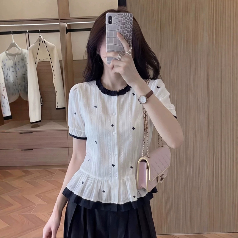 Korean-Style Embroidered Lace Color-Blocked Ruffle Shirt for Women, Short-Sleeve Loose Fit Doll Shirt, Age-Reducing Top Blouse Korean-Style Embroidered Lace Color-Blocked Ruffle Shirt for Women, Short-Sleeve Loose Fit Doll Shirt, Age-Reducing Top Blouse