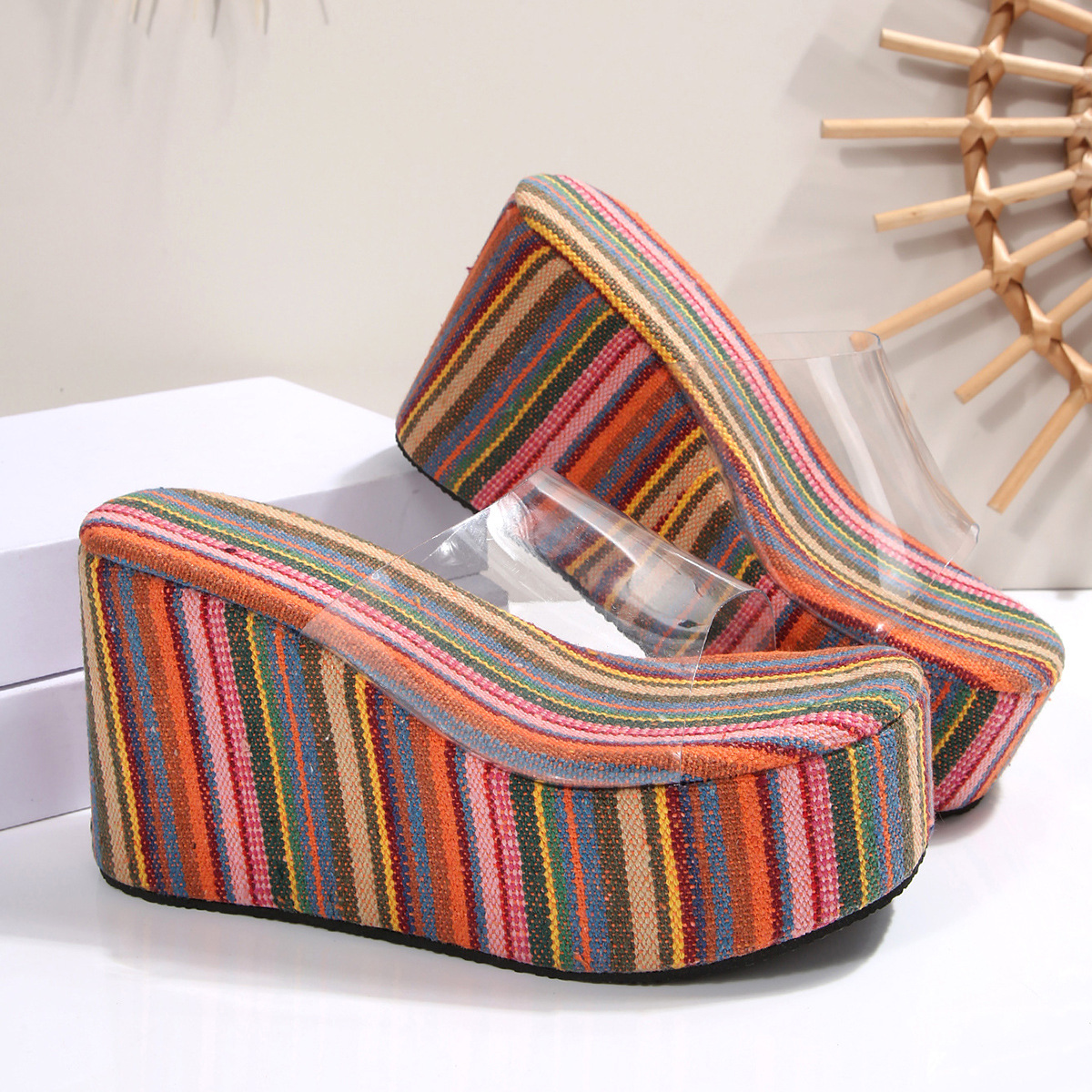 Women's Plus Size Striped Colorful Platform Sandals European American Style Transparent Wedge Summer New Style Size 43_vogvips.com