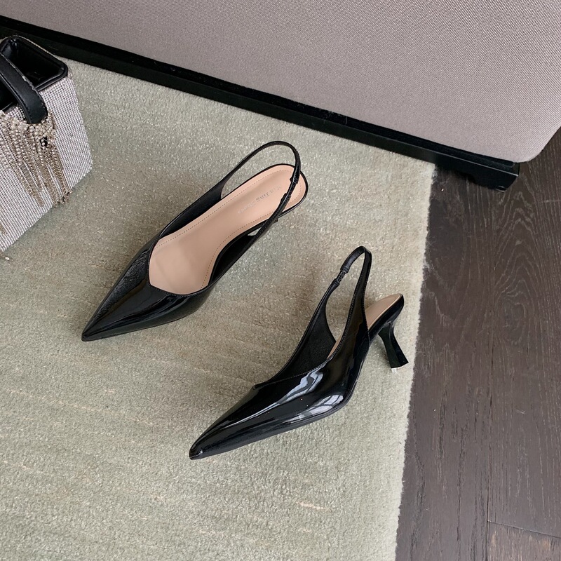 699-2 Spring New Kitten Heel Back Trip with Pointed Toe Single-layer Shoes All-match Back Empty Women's Shoes Shallow Mouth Thin Heel Patent Leather High Heel