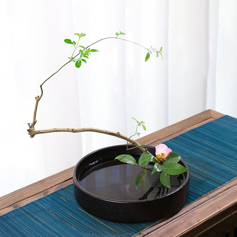 Ceramic Disc Water Plate Flower Vessel Retro Zen Style Chinese Japanese Style Flower Arranging Vessel Small Original Flow Jianshan Flower Arranging Pot Extra Large