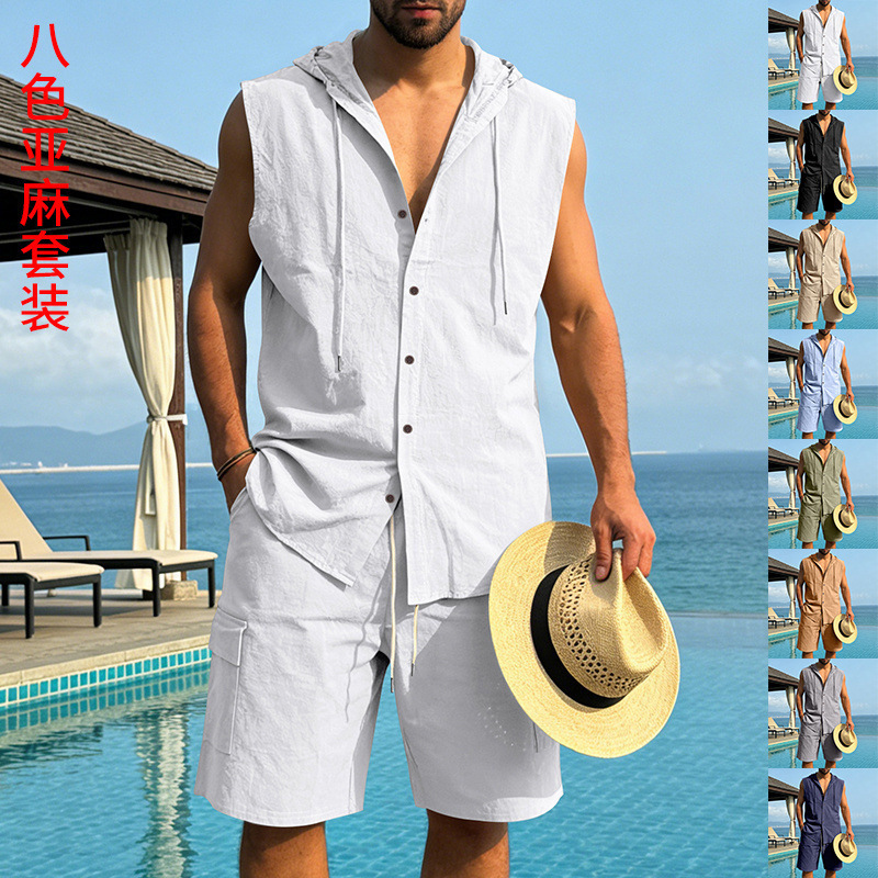 2026 Summer Men's Linen Hooded Sleeveless Shirt and Work Shorts = Loose Casual Vacation Beach Set 2026 Summer Men's Linen Hooded Sleeveless Shirt and Work Shorts = Loose Casual Vacation Beach Set