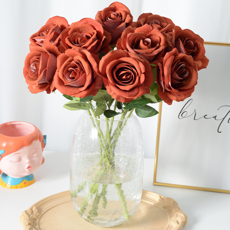 仿真絨布玫瑰花假花人造花焦糖復古高級感婚慶家居情人節裝飾花束