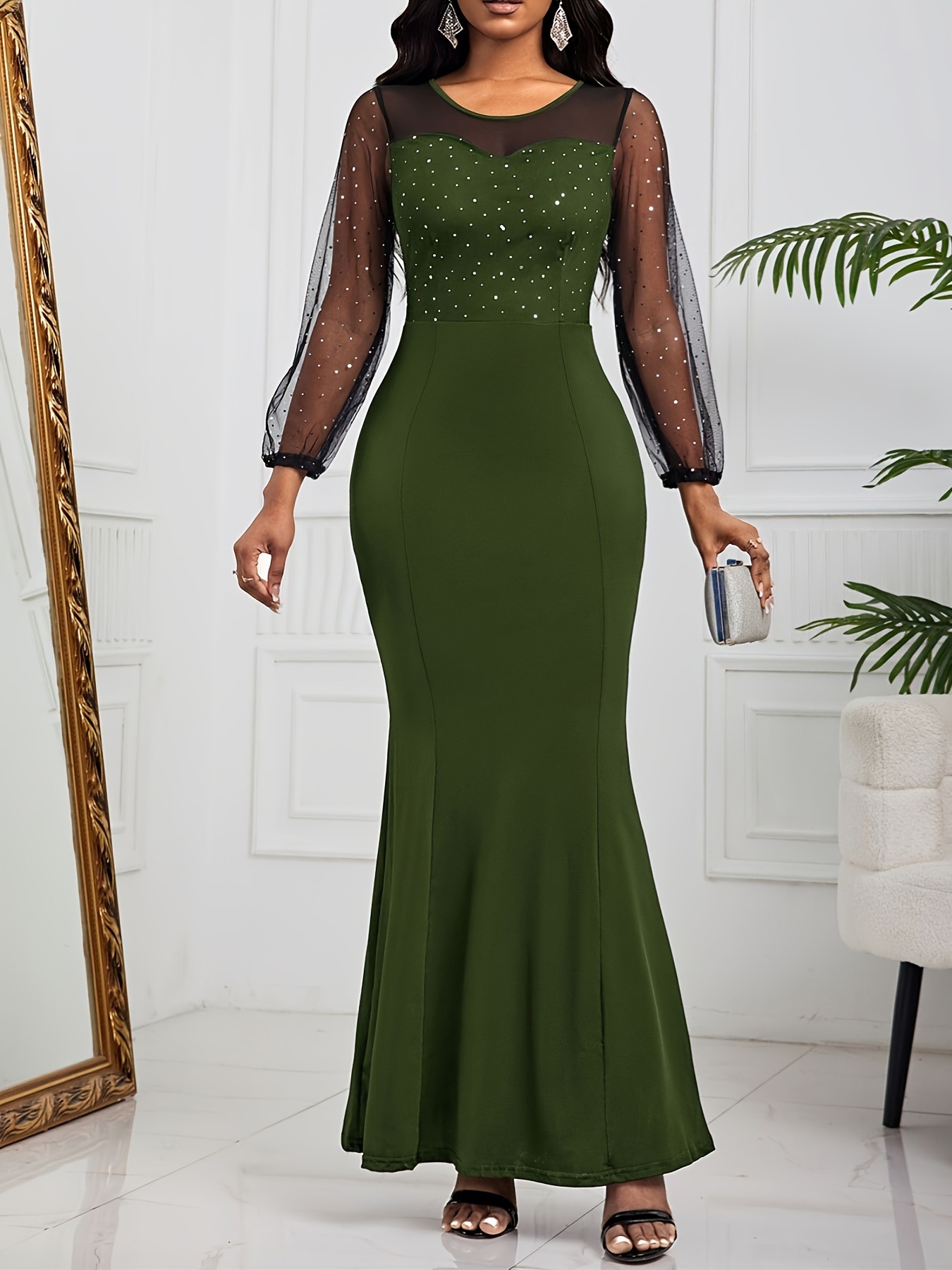 Women's Clothing elegant dress solid color mesh sequin stitching high waist long slim evening dress_voghion.com