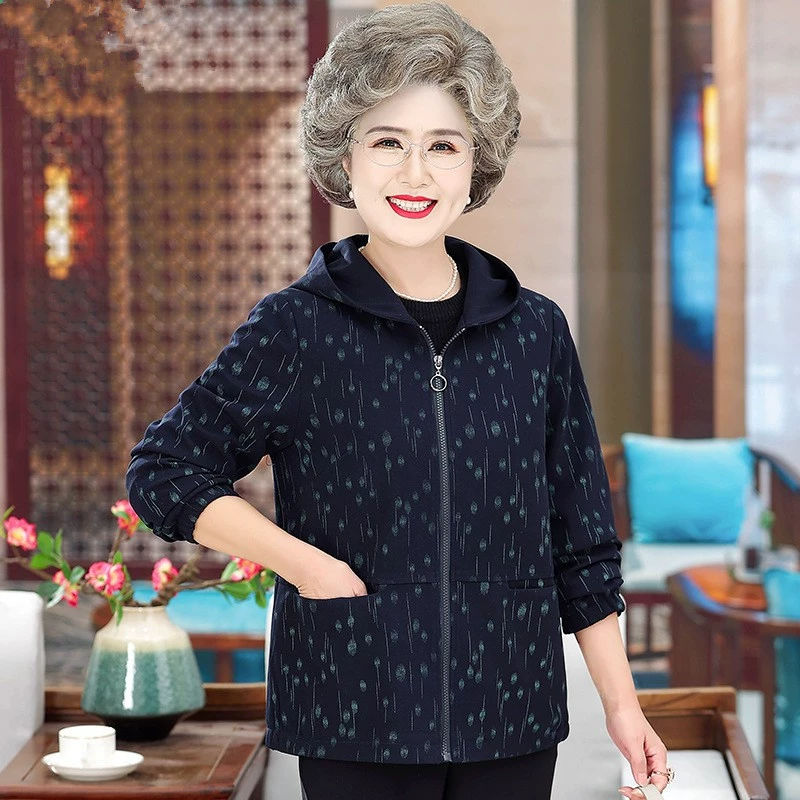 Пожилые люди весеннее платье женская куртка бабушка весна и осень ветровка старая леди новый стиль с капюшоном пожилая одежда мама топ