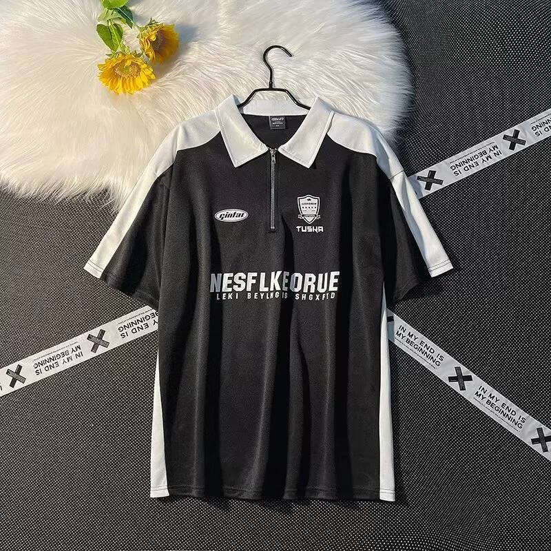 Рубашка поло с короткими рукавами футболка мужской летний новый американский ретро уличный свободный сшивание