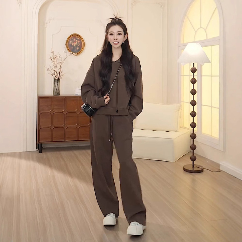 Korean Style Casual Elegant Sports suit Spring and Autumn New brown Age-reducing Hooded Cardigan Sweater Two-piece Women's Clothing