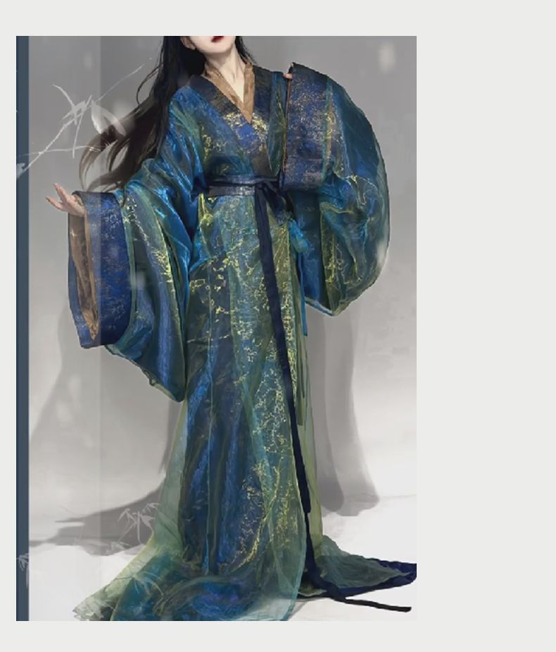 闪光战国袍织金汉服新中式直裾拖尾蓝色古装女民族超仙影楼摄影服-阿里巴巴