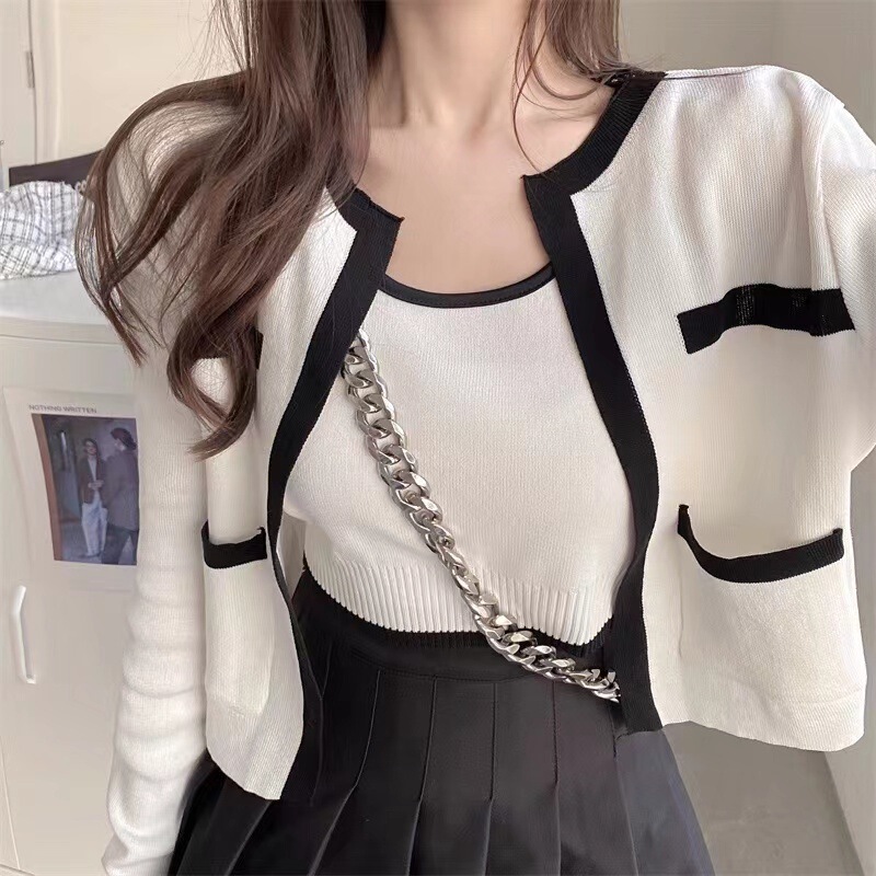 Spot New Korean Style Knitted Vest Short Long Sleeve Knitted Cardigan Pullover Two-Piece Lady Elegant Top for Women
