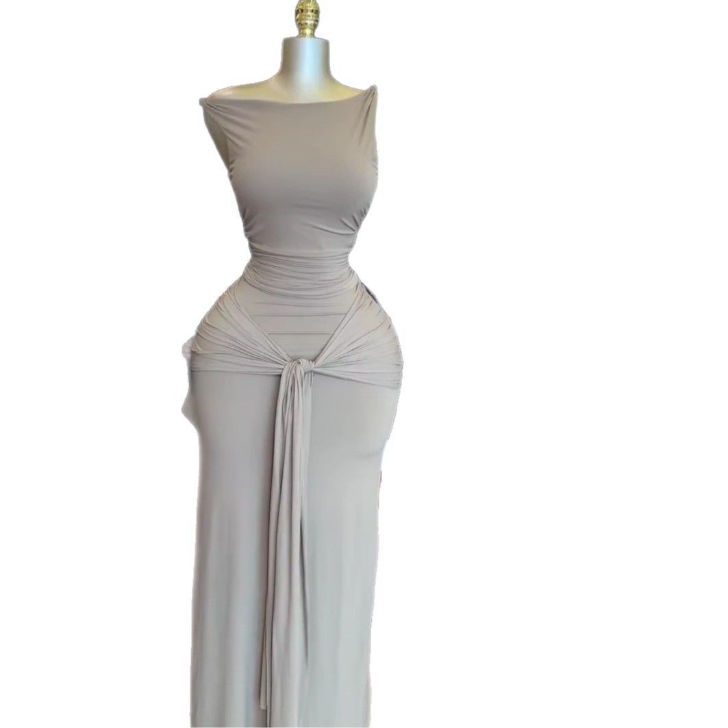 Women's Clothing Summer Style Women's Elegant Solid Color Sleeveless Top And Tie Up Slim Skirt Set Clothing_ecoleips.com