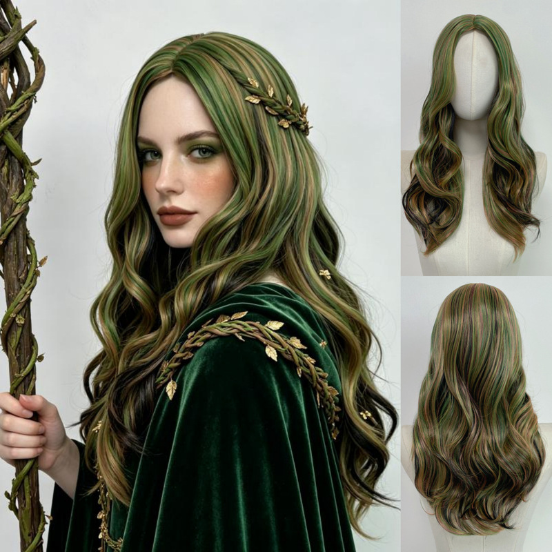 Halloween party wig druid witch cosplay wig with green and brown highlights and big waves
