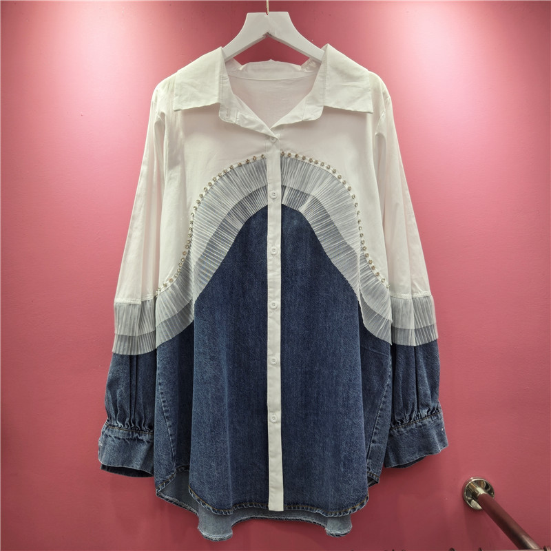 Heavy-Duty Rhinestone 2025 Autumn New Denim Patchwork Shirt Top for Women, Slimming for Plus-Size Girls, Trendy Design