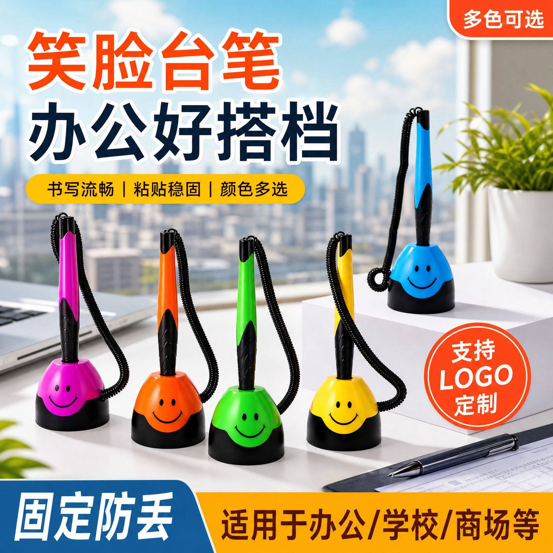 Smiley face desk pen with custom logo, office desk fixed gel pen with lanyard, adhesive signature pen available in multiple colors