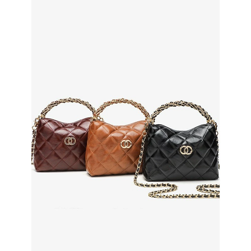 Chain, handle, lunch box, one-shoulder bag, genuine leather, Chanel style