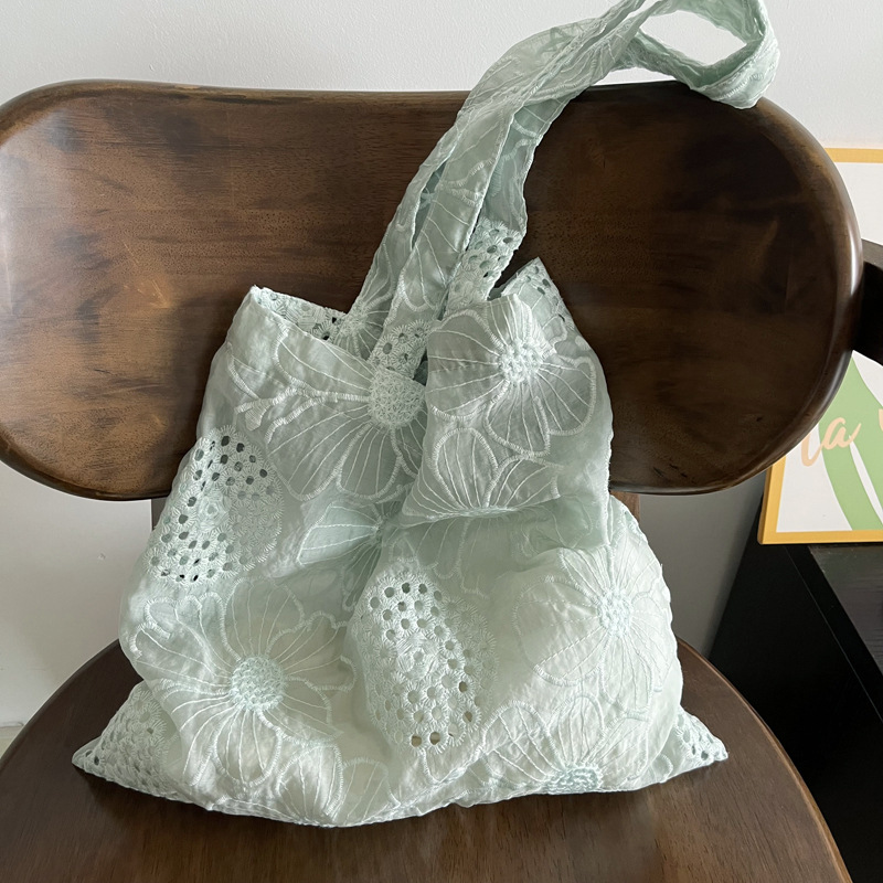 French Artistic Heavy Embroidery Hollow-Out Shoulder Bag Tencel Nylon Fabric Bag Romantic Elegant Women's Semi-Transparent Bag - Thumbnail 8