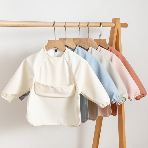 Danish children's long-sleeved PU reverse clothing baby eating clothes bib super soft waterproof solid color rice pocket anti-dirty feeding clothes