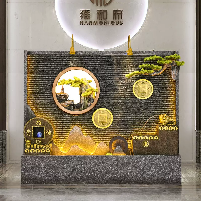 新款水幕墙假山流水屏风庭院办公室前台花园鱼池瀑布景观落地摆件