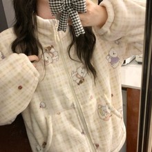 韩国ins女士冬季格纹兔子可爱保暖加厚舒适家居服睡衣套装长袖女