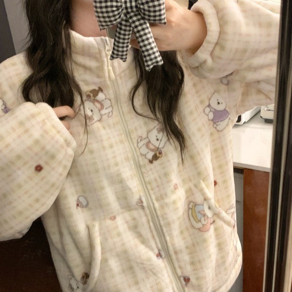 韩国ins女士冬季格纹兔子可爱保暖加厚舒适家居服睡衣套装长袖女