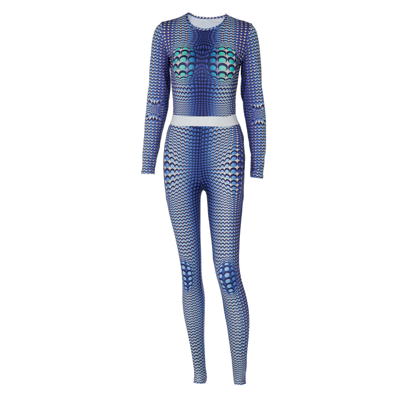 printing long-sleeved round neck tight top and trouser set NSHTL119057