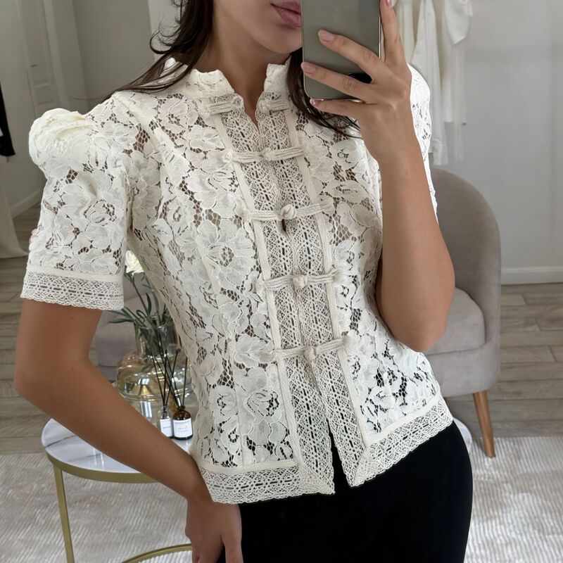 2026 Summer New Style European and American Hot-Selling Fashionable and Elegant Commuter Lace Crochet Stand-Up Collar Slim Short-Sleeved Shirt for Women 2026 Summer New Style European and American Hot-Selling Fashionable and Elegant Commuter Lace Crochet Stand-Up Collar Slim Short-Sleeved Shirt for Women