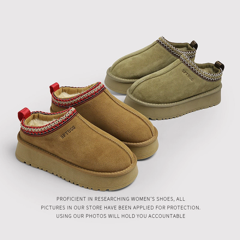 Кожаные снежные сапоги женский 2023 зима новый толстое дно плюс бархатные короткие сапоги сплошной цвет зимние хлопчатобумажные туфли