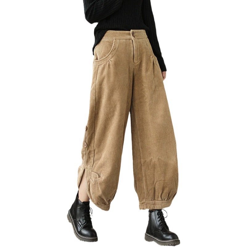 Новые осенне-зимние укороченные брюки-карго в корейском стиле больших размеров из утолщенного вельвета на флисовой подкладке с высокой талией