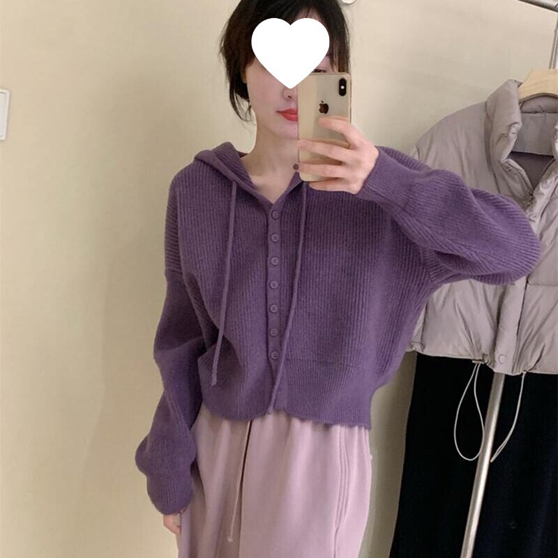 温柔风连帽针织开衫女装气质上衣宽松毛衣披肩外穿单排扣休闲卫衣|undefined