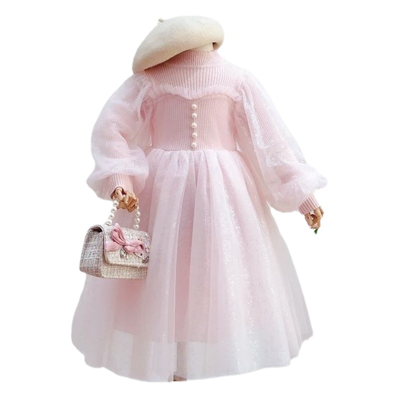 Vestido de princesa Coreana de las niñas 2023 otoño malla linterna manga costura estilo occidental de los niños vestido esponjoso de punto