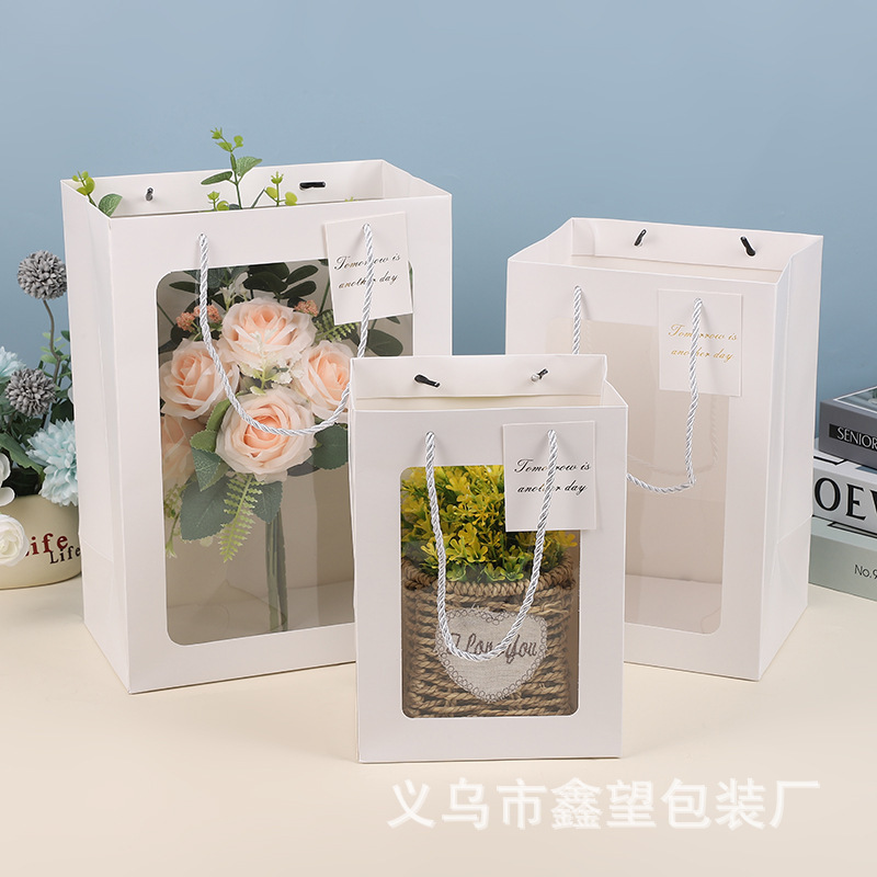 Gift Bags, Transparent Windowed Tote Bags, Valentine's Day Gift Window Bags, Flower Bouquet Paper Bags, Packaging Bags