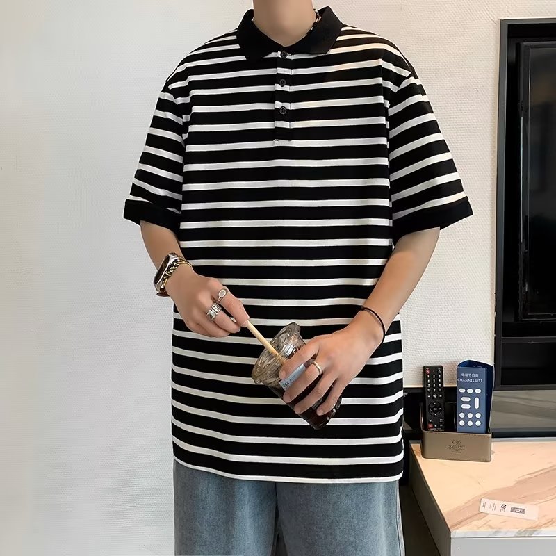 Polo casual de solapa para hombre Camiseta de manga corta Camiseta de fondo de ropa de clase para jóvenes de hombre a rayas