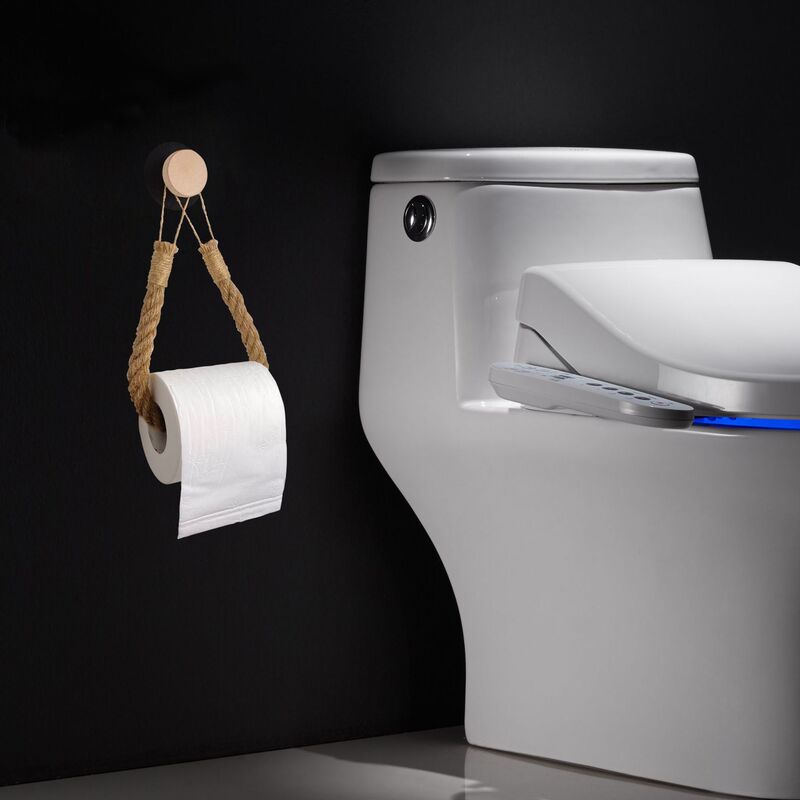 Wooden Hooks, Traceless Adhesive, No-Drill Plastic Woven Hemp Rope Towel Rack, Paper Towel Holder for Bathroom
