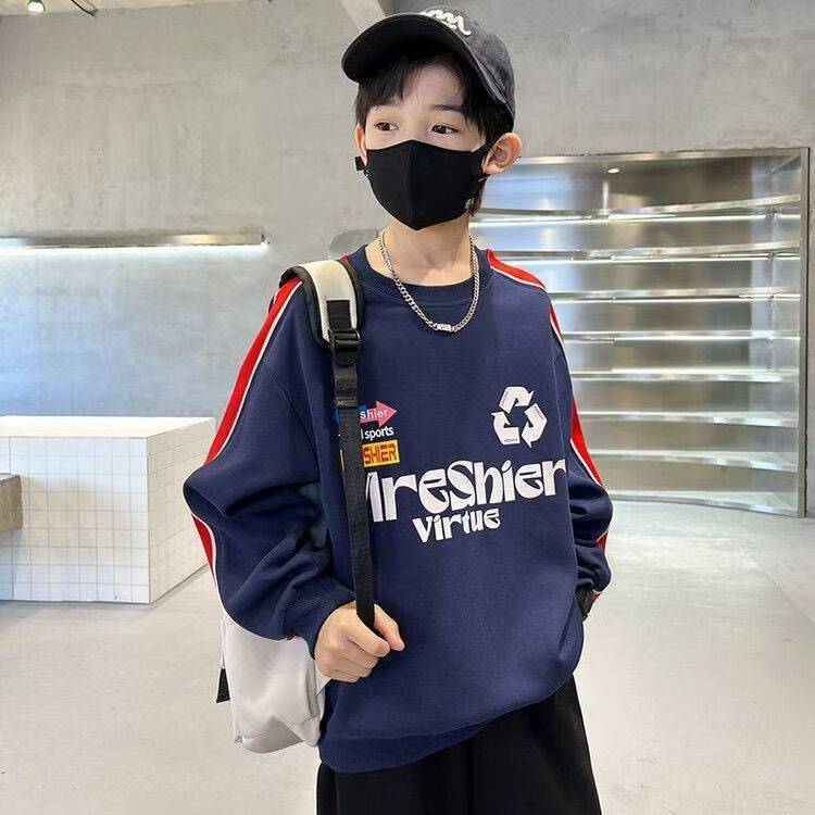 男童长袖侧边拼接圆领T恤春秋季新款洋气中大童休闲打底衫代发