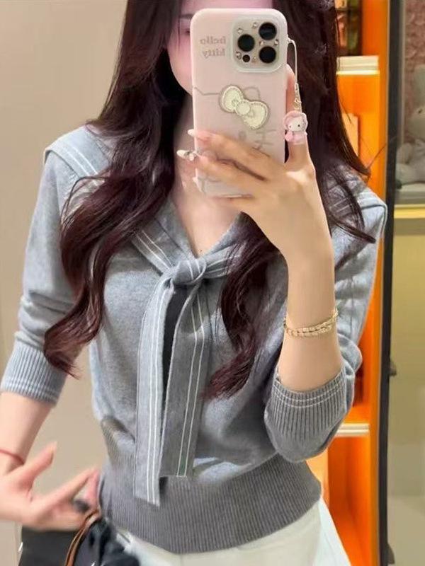 学院风海军领修身减龄针织长袖女2025秋季新款慵懒风披肩小上衣|undefined