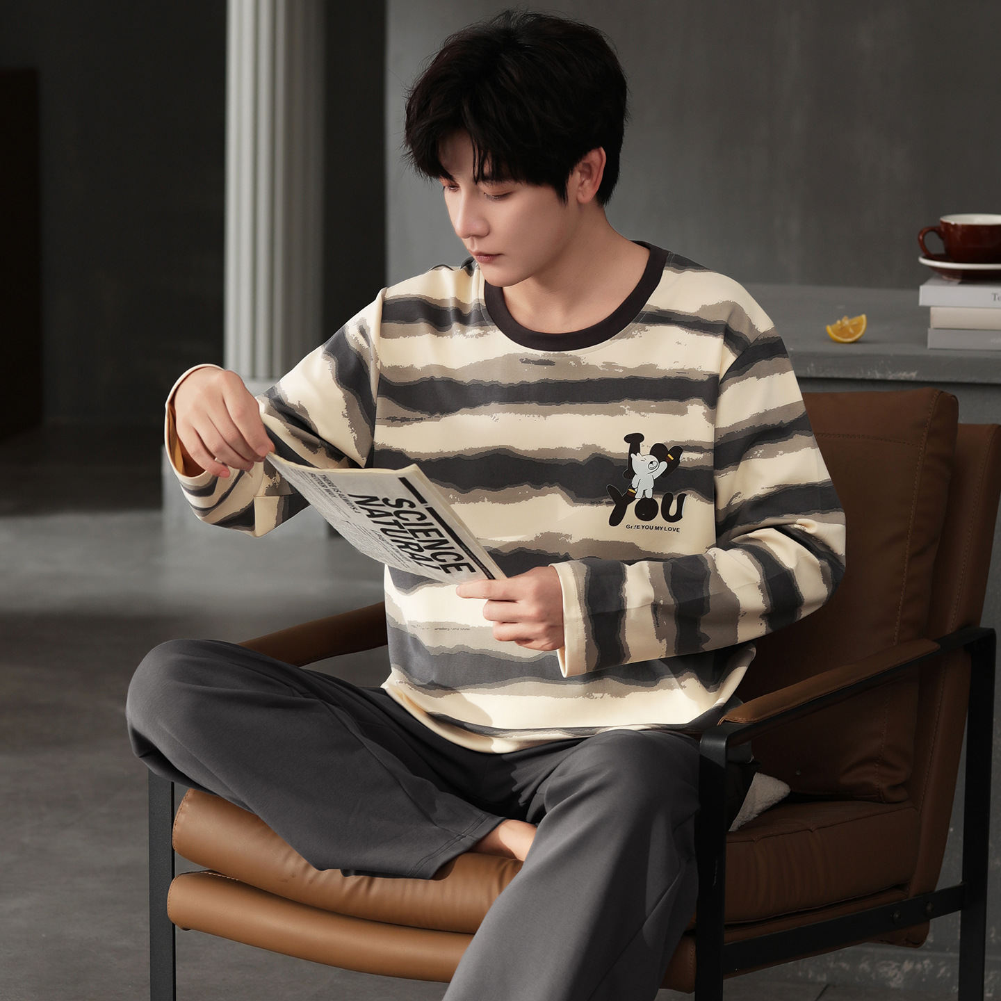 Pure Cotton Men's Pajamas Spring & Fall Round Neck Pullover Casual and Comfortable Long-Sleeved Pants Home Wear Set Can Be Worn Outside