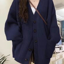 大码胖MM毛衣外套女秋冬装2025新款韩系宽松藏蓝色多巴胺针织开衫