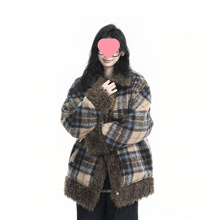 【坐吃山空】美式复古格子毛领棉衣棉袄外套女冬季加厚羊羔绒棉服