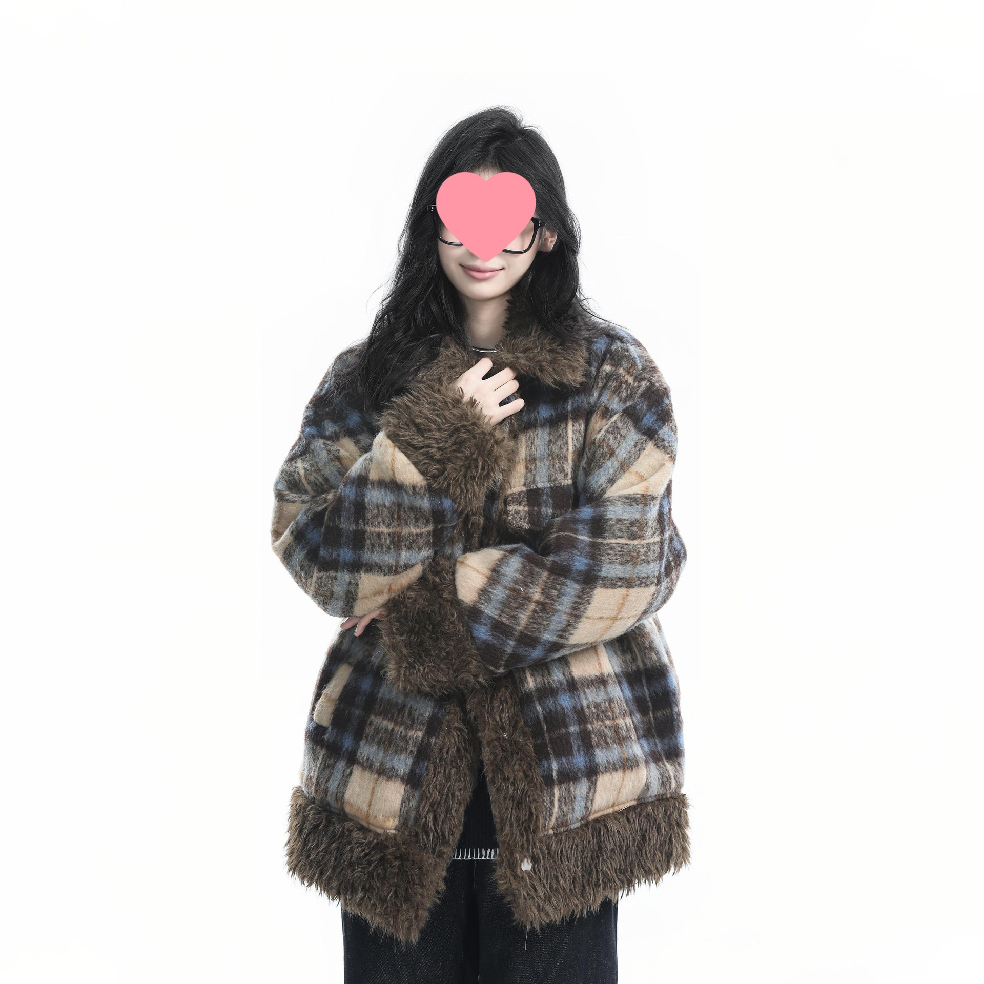 【坐吃山空】美式复古格子毛领棉衣棉袄外套女冬季加厚羊羔绒棉服