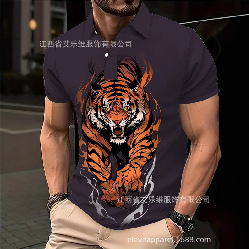 Hot-Selling Men's Casual Short-Sleeved Polo Shirt with 3D Digital Printing, American-Style Pattern, Sports Suit, Thin and Slim Fit