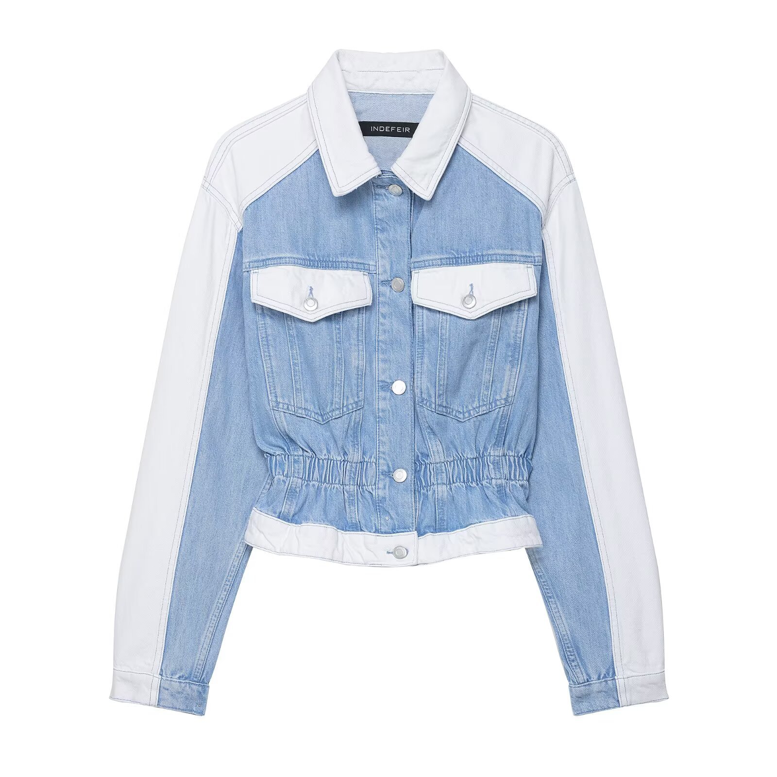 Women's Patchwork Denim Jacket Coat Mid-waist Straight Jeans