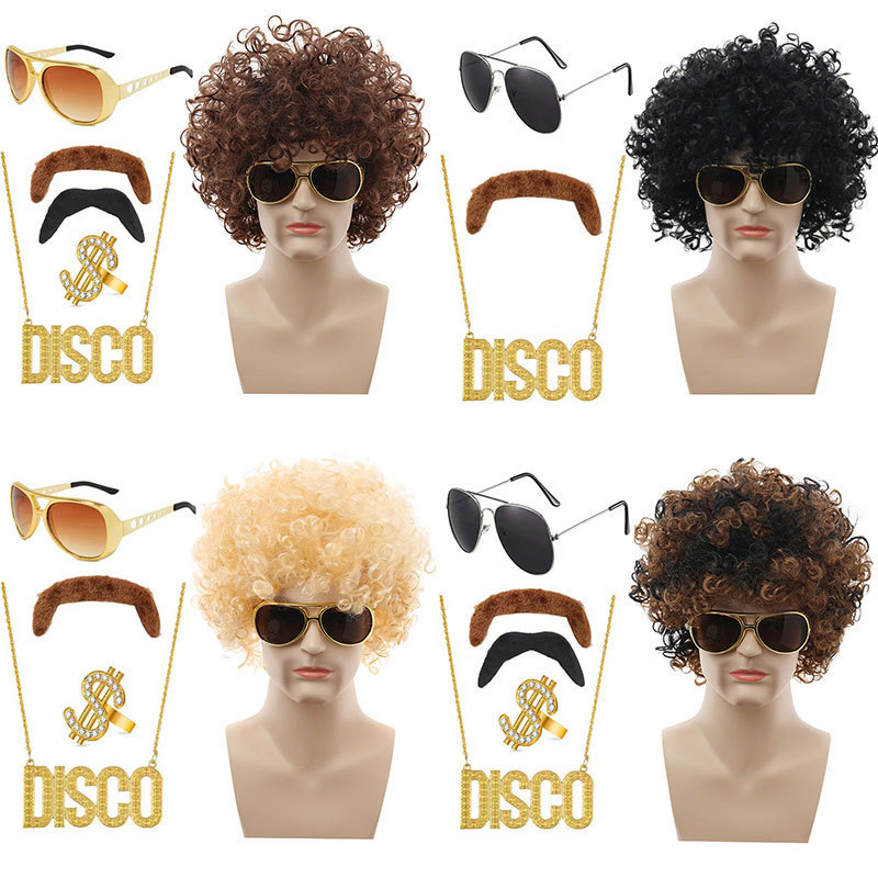 Amazon Cross-Border Hip-Hop Rock Afro Punk Wig Elderly Disco Fan Glasses Necklace Set