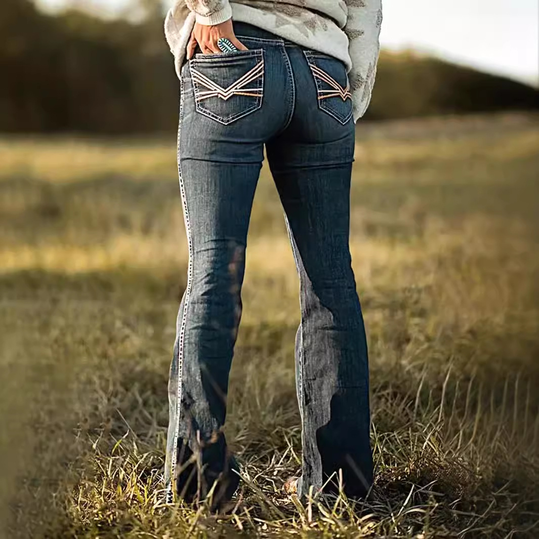 Women's Jeans Stretch Women's Pants Pocket Embroidered Women's Trousers Vintage Washed Jeans